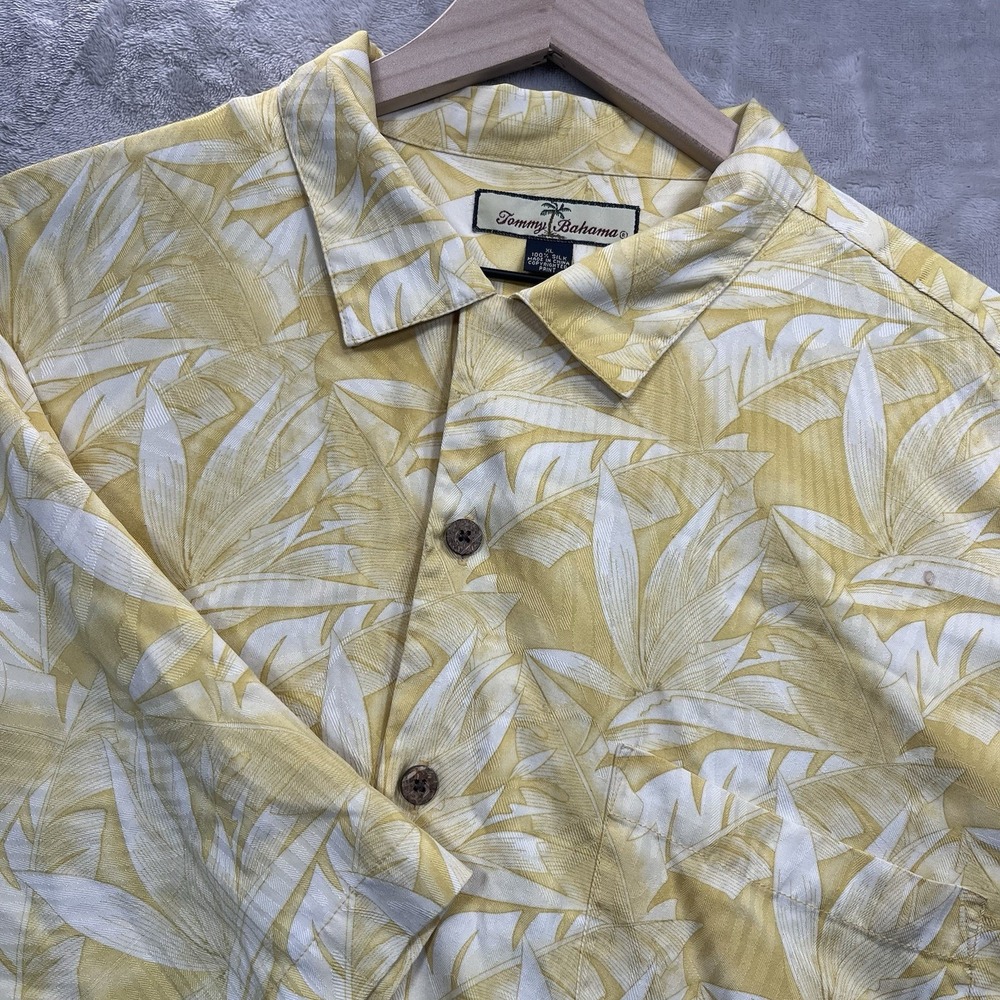 Tommy Bahama 100% Silk Shirt Mens XL Hawaiian Palm Leaves Tropical Yellow
